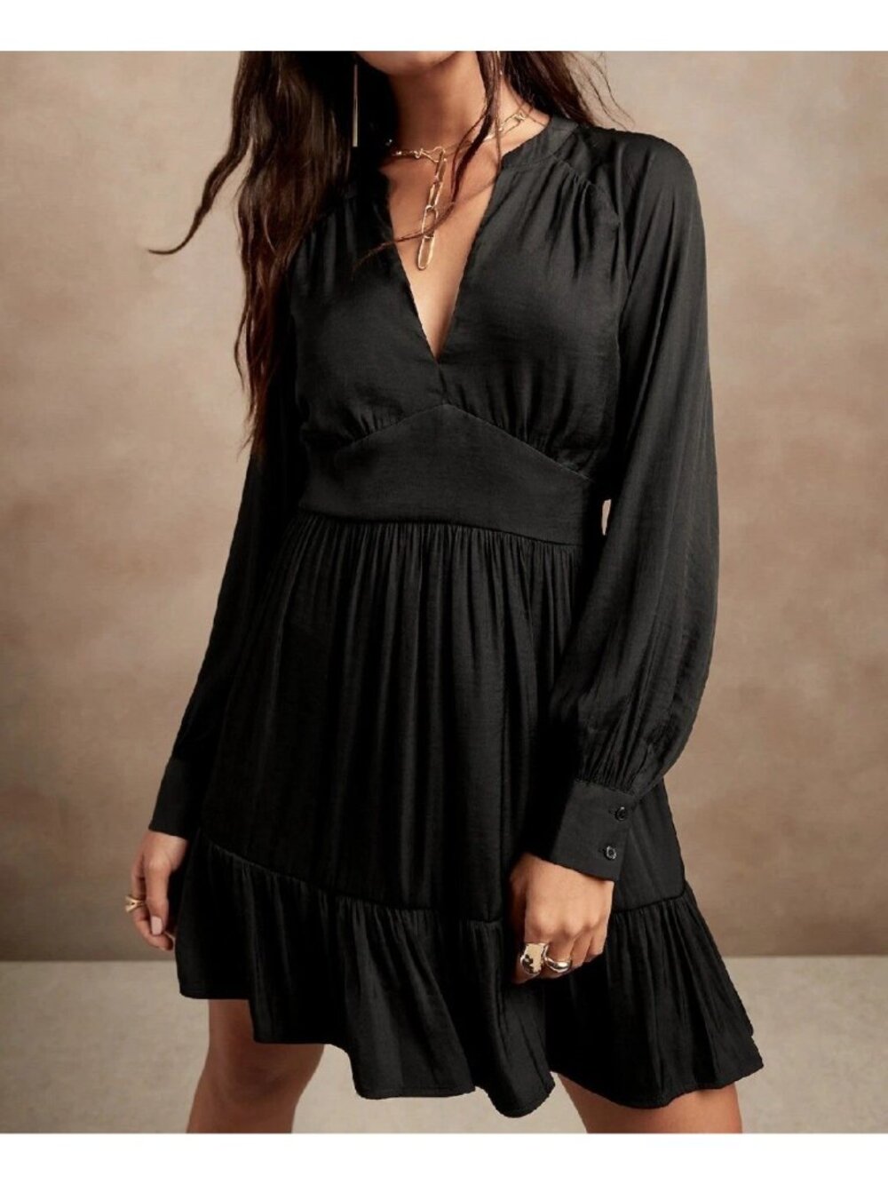 Banana Republic Balza Ruffled Tiered Mini Dress Size L Black Long Sleeve New